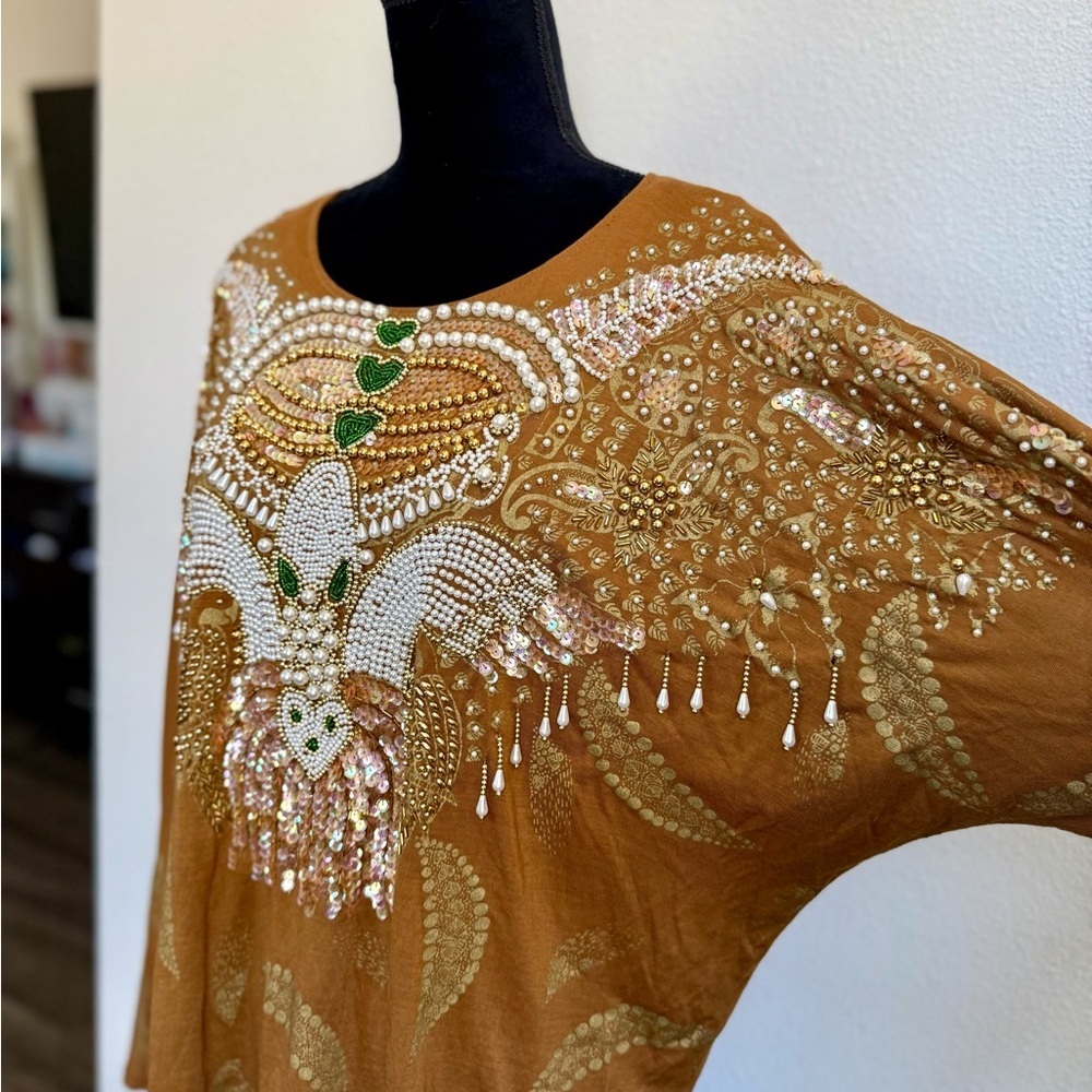 Boho Bali Beaded Sequin Tunic Top OSFM Western Batwing Embellished Festival top - Picture 3 of 6
